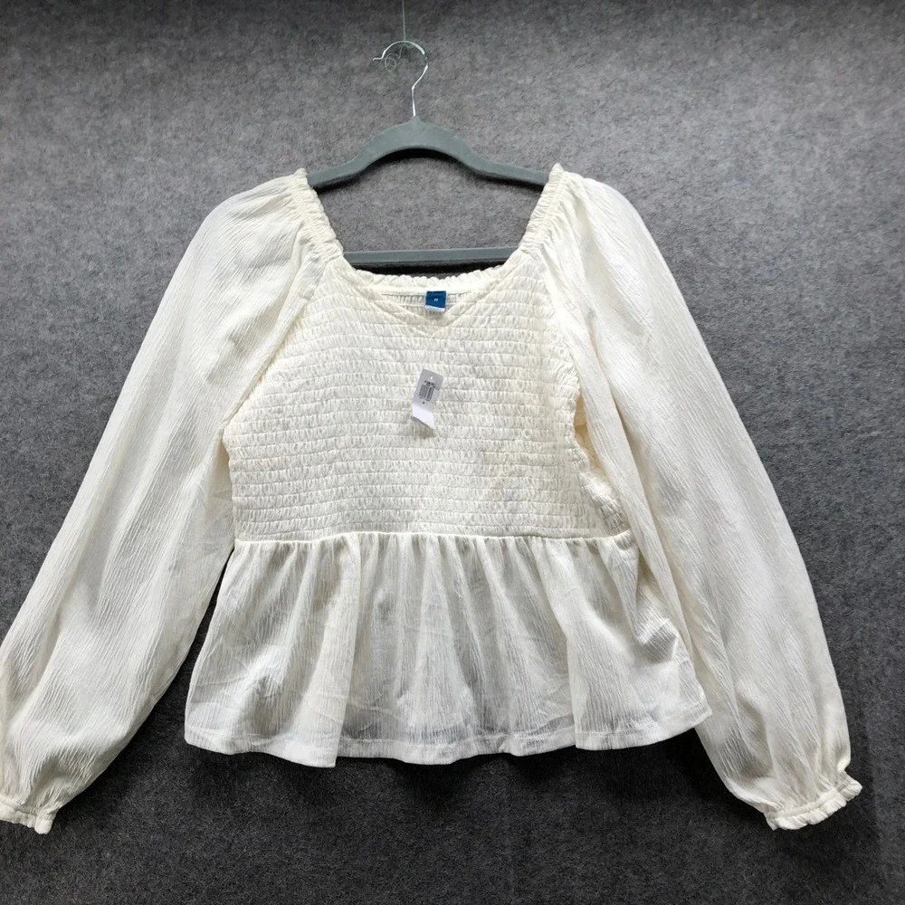 NWT Old Navy Smocked Peplum Top Womens Medium Sea Salt White Long Sleeve Stretch